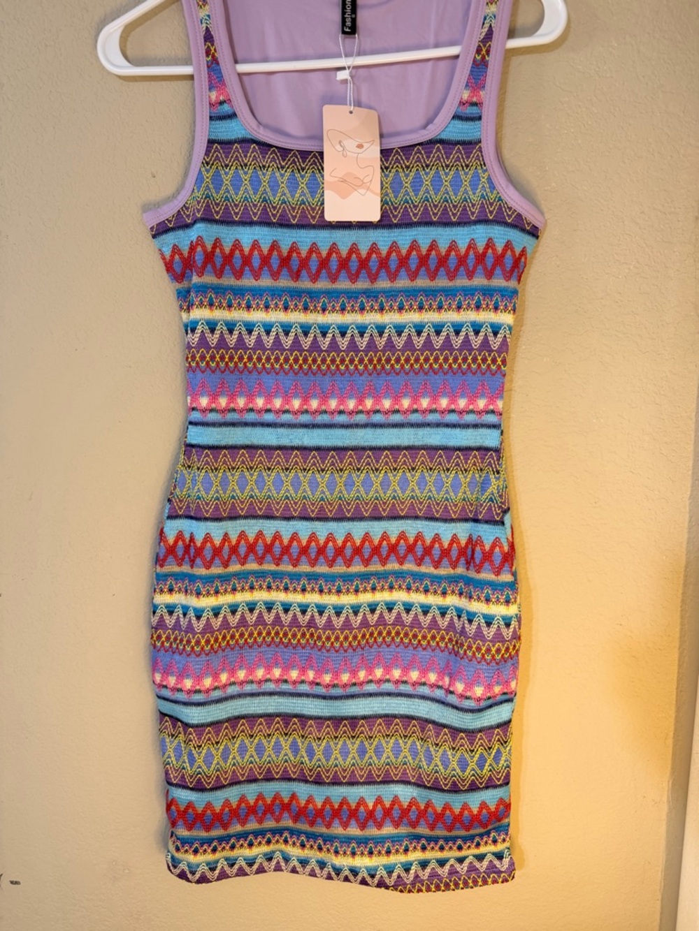 Sleeveless Multicolor Zigzag Knit Bodycon Style Dress - Lavender Trim
